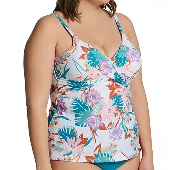 Raisins Curve Underwire Tankini Aries Twist Front White Swim Top Floral Plus 24W - Picture 2 of 8